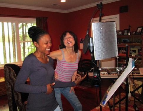 Dana Rice and I recording background tracks. Dana on "air guitar"!